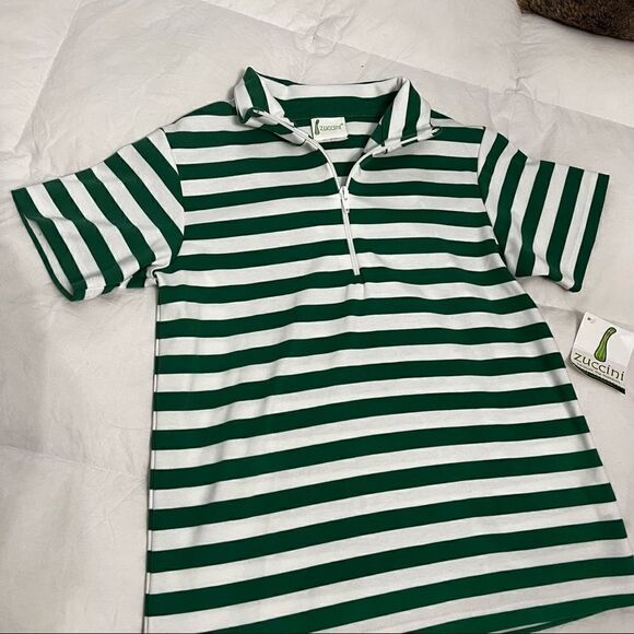 Zucchini Boys green and white preppy striped polo w/zipper - Picture 5 of 11